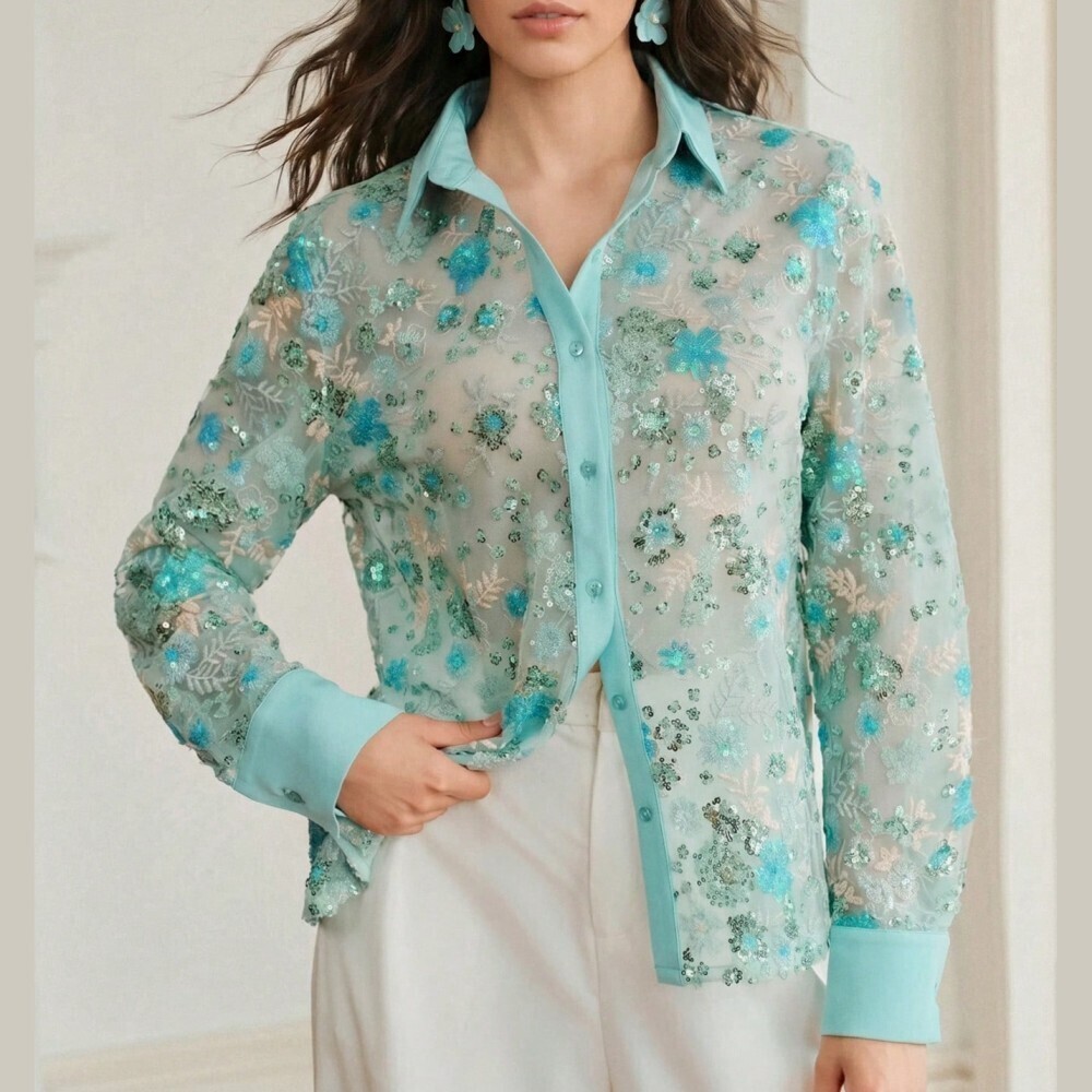 Turquoise Sequin Floral Mesh Sheer Button-Up Blouse